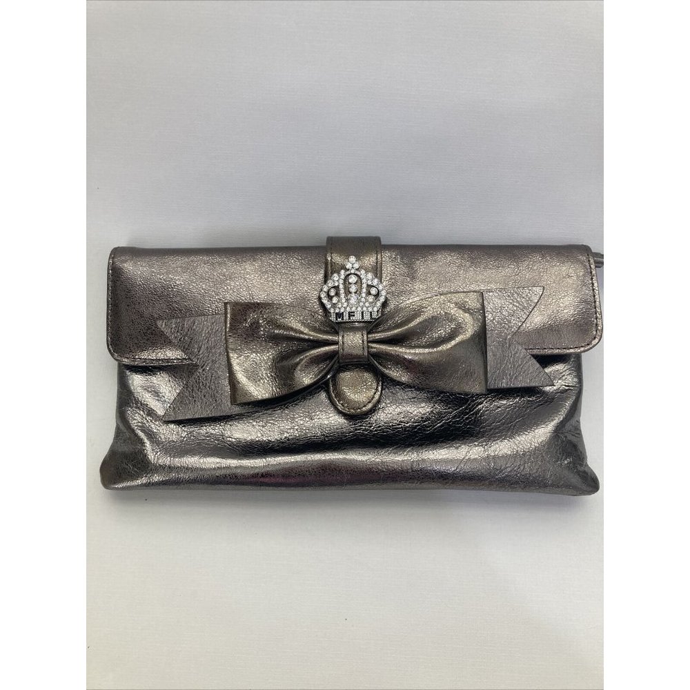 Metallic Pewter Bow Clutch with Jeweled Crown Accent